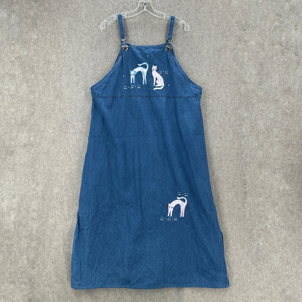 Vintage Superline Denim Cat Pinafore Dress XL Blue Embroidered Rhinestone USA